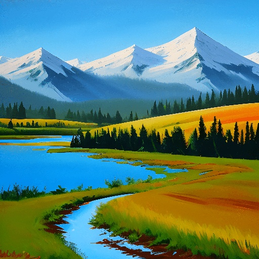 painting of a mountain landscape with a river and a forest