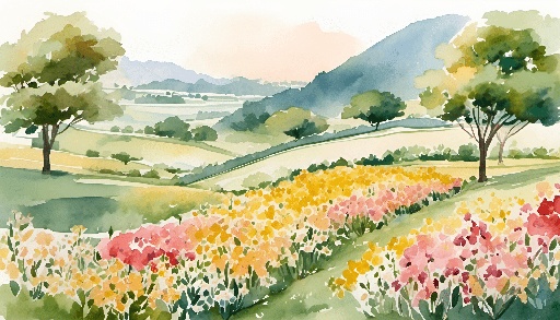 a painting of a field with flowers and trees