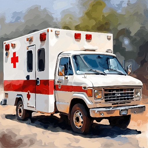 painting of an ambulance truck with a red cross on the side