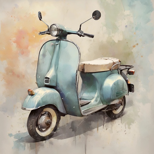 painting of a blue scooter with a tan seat and a tan seat