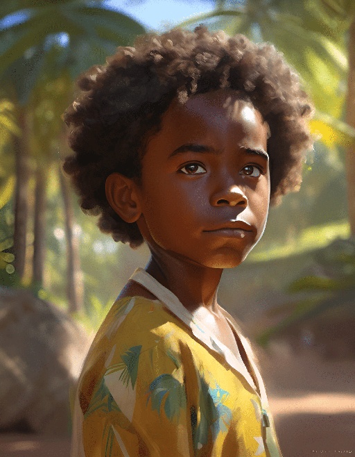 painting of a young boy with a yellow shirt and a green palm tree