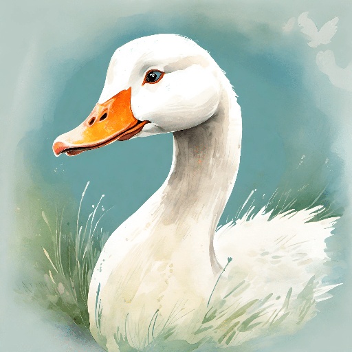 a white duck with a orange beak sitting in the grass