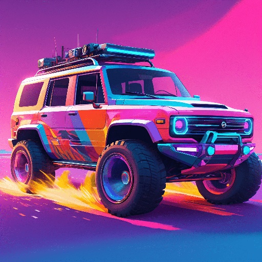 a brightly colored jeep driving on a desert road with a bright background