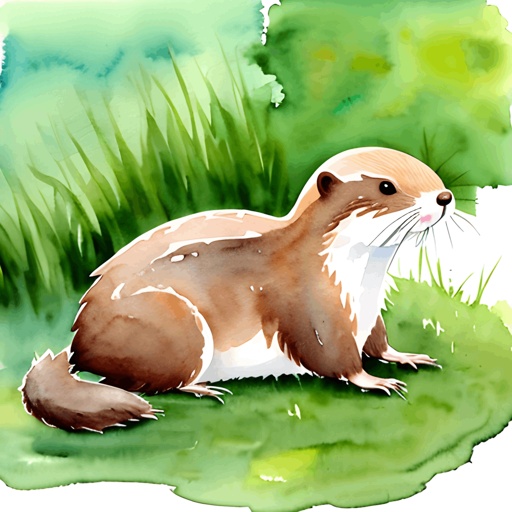 painting of a watercolor otter sitting in the grass with a bird in its mouth