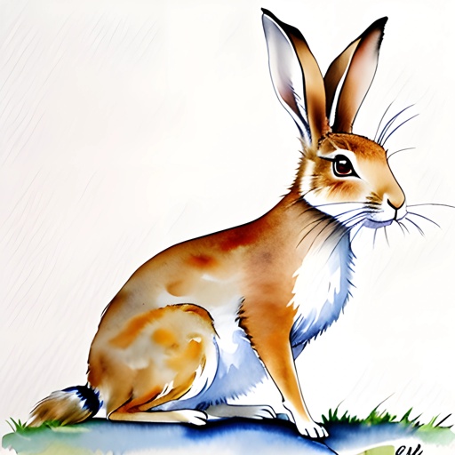 painting of a rabbit sitting on the ground with grass and a white background