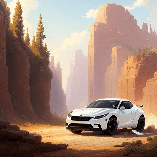 white car driving through a desert with mountains in the background