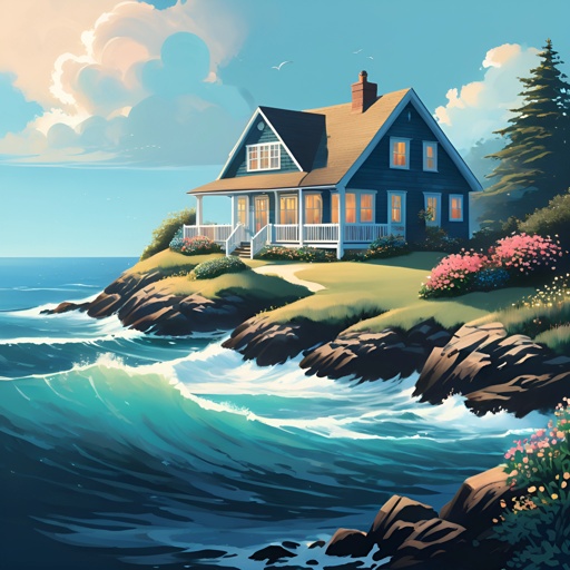 painting of a house on a cliff overlooking the ocean