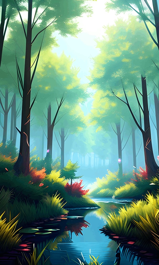 a painting of a forest with a stream in the middle