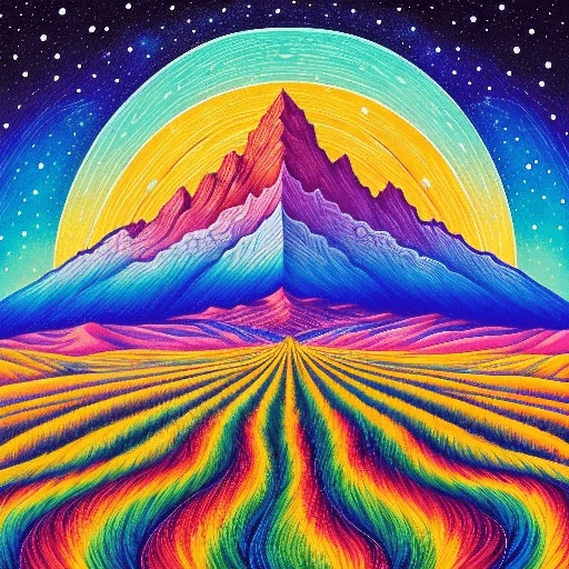 a painting of a mountain with a rainbow colored field and stars