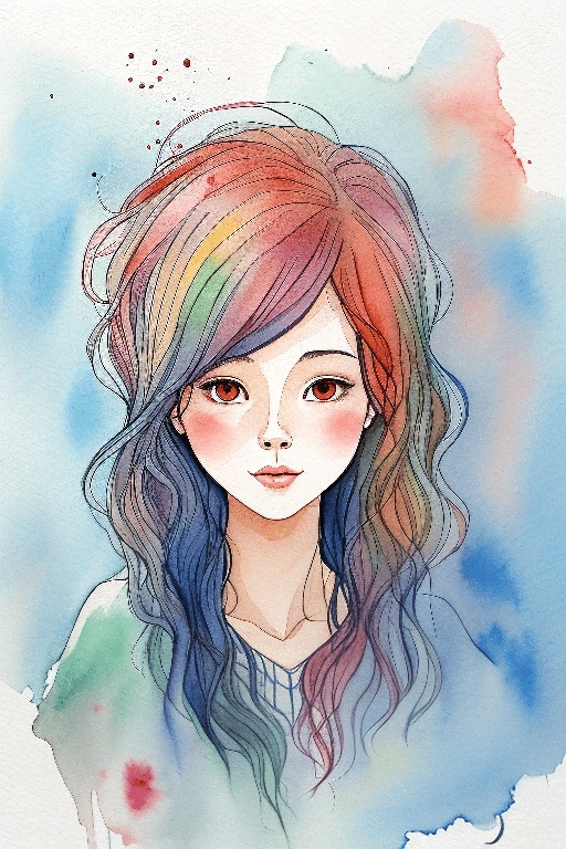 a close up of a girl with long hair and a rainbow colored hair