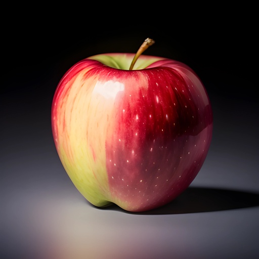 a red apple with a green stem on a table