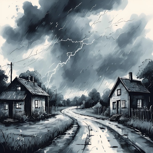 painting of a black and white picture of a road with houses and lightning