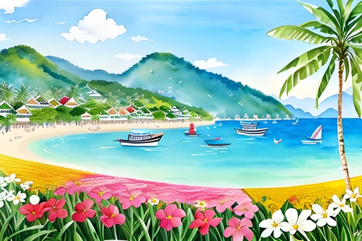 painting of a beach with boats and flowers on the shore