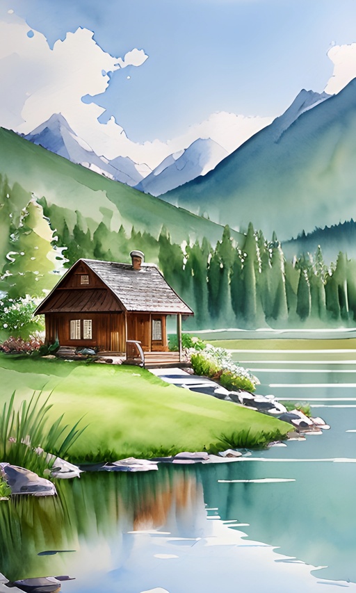 painting of a cabin on a lake with mountains in the background