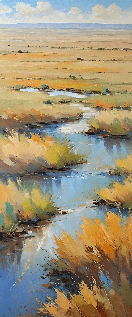 painting of a river running through a dry grass field