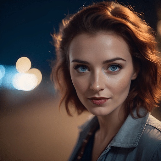 a woman with red hair and blue eyes posing for a picture