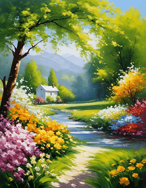 painting of a beautiful garden with flowers and a stream