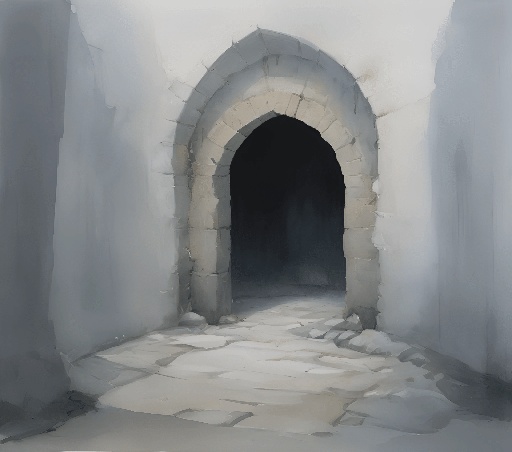 a painting of a doorway in a stone wall