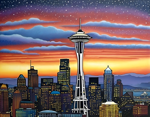 painting of a city skyline with a space needle in the middle