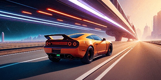 orange sports car driving on a highway with a city in the background