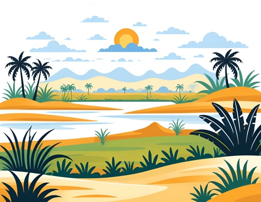 a cartoon of a desert landscape with palm trees and a river