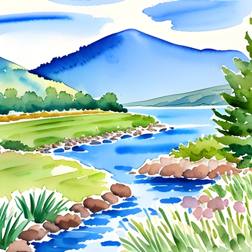 painting of a river with mountains in the background