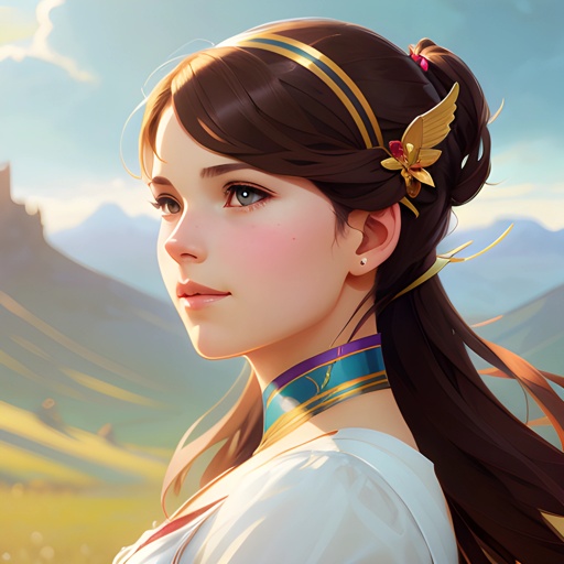 anime girl with long hair and a gold headband in a field