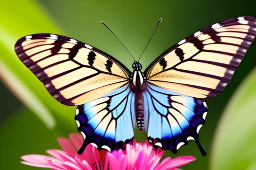 butterfly with blue and yellow wings sitting on a pink flower