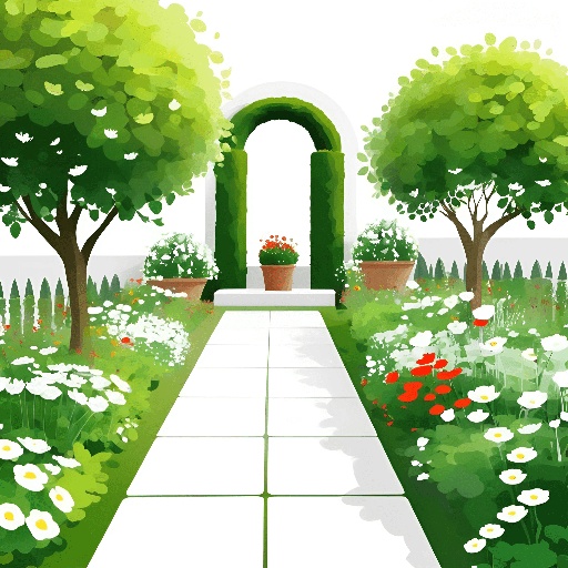 a pathway with flowers and trees in the background