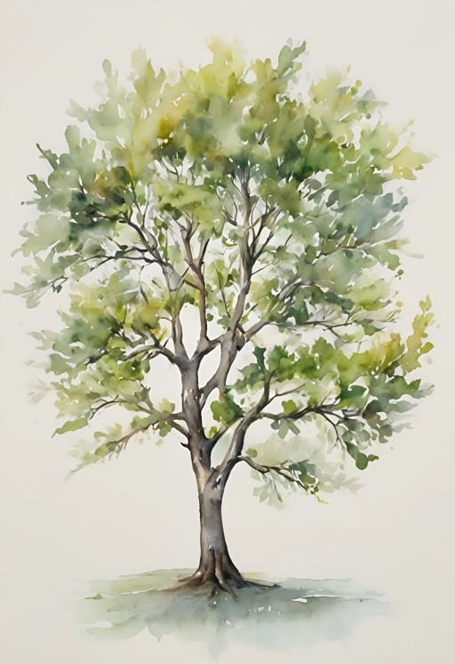 painting of a tree with green leaves and a white background