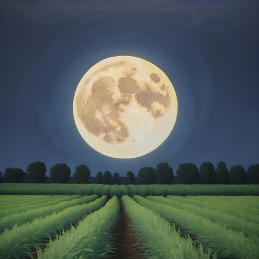 painting of a full moon over a field of grass with a path