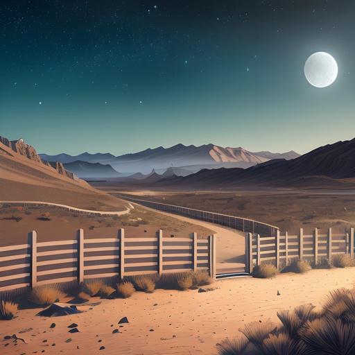 a fence in the middle of a desert with a mountain in the background