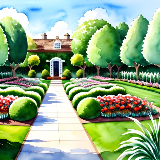 painting of a garden with a path and a house in the background