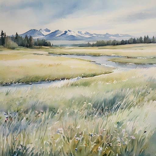 painting of a field with a river and mountains in the background