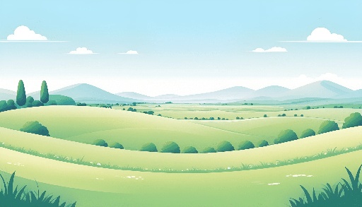 a cartoon of a green field with hills and trees