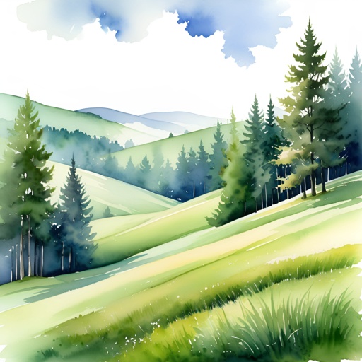 a painting of a green field with trees and grass