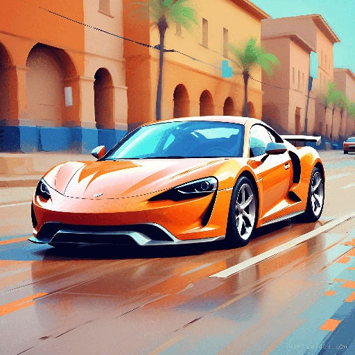 orange sports car driving down a wet street in front of a building