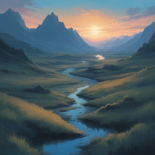 painting of a river running through a valley with mountains in the background