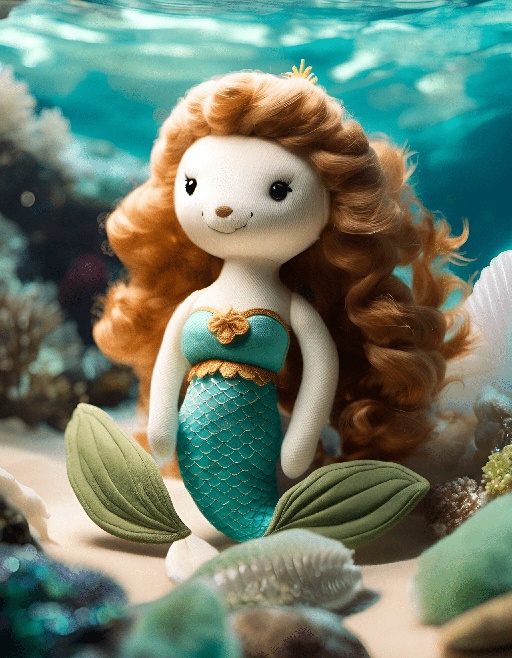 mermaid doll with long red hair and green dress sitting on a rock