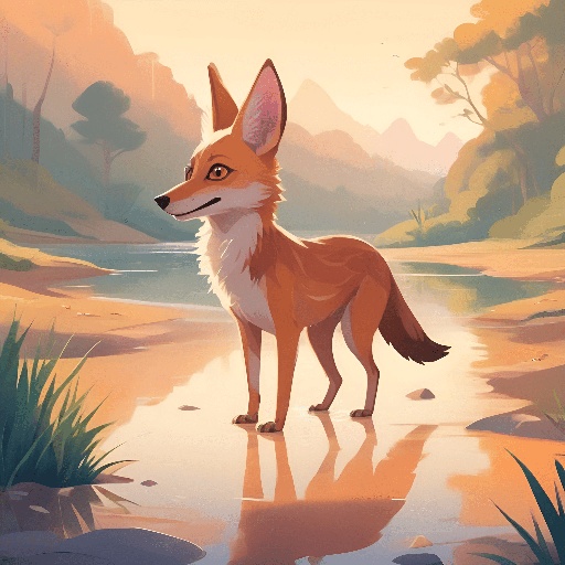 a fox standing in the water by the shore