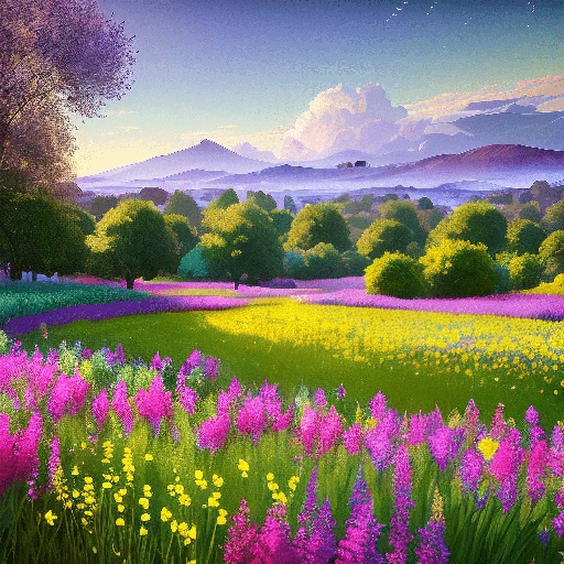 painting of a beautiful flower field with a mountain in the background