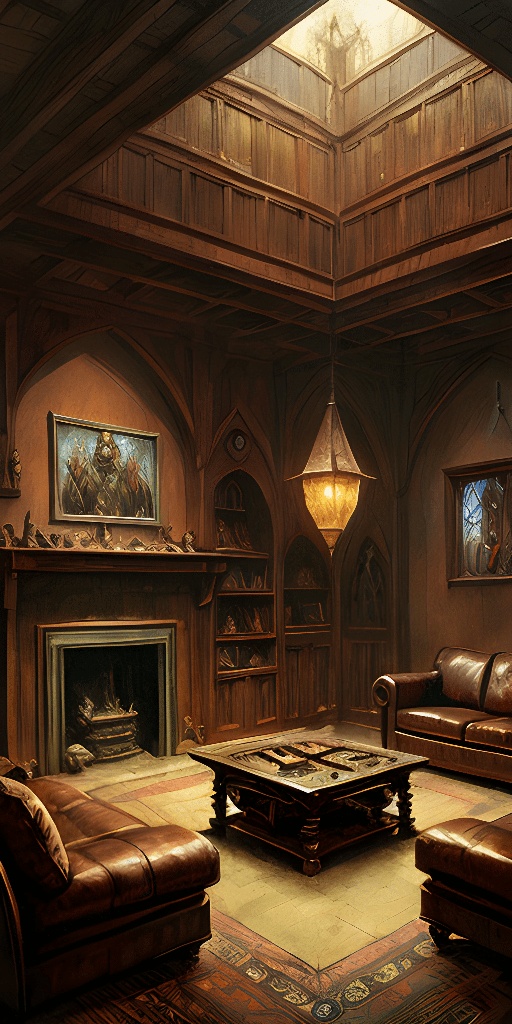 a living room with a fireplace and leather furniture
