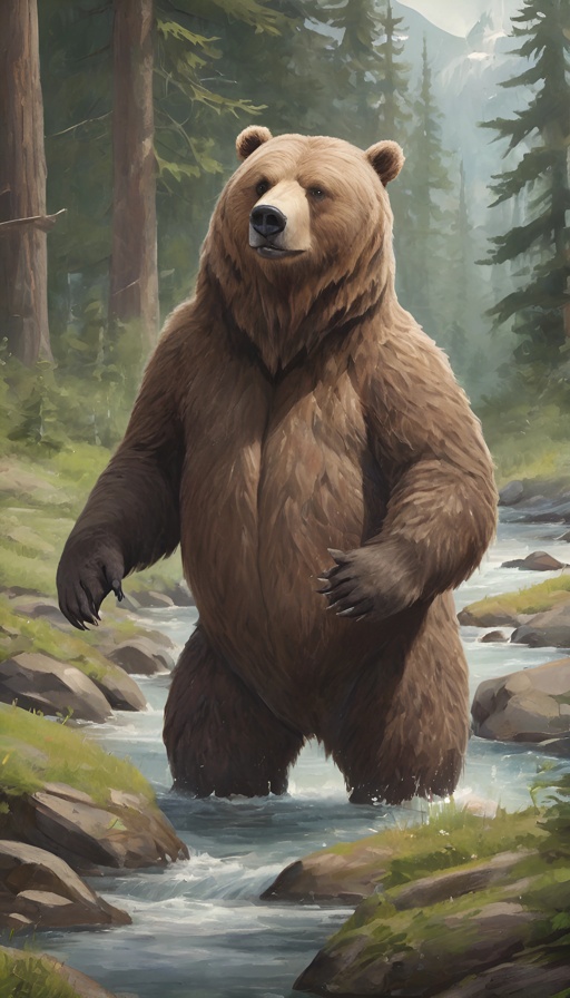painting of a bear standing in a stream in a forest