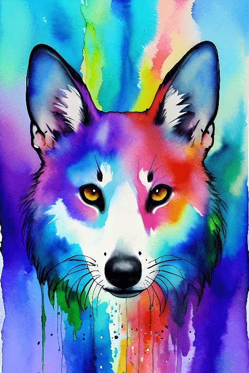 painting of a colorful wolf with yellow eyes and a rainbow background