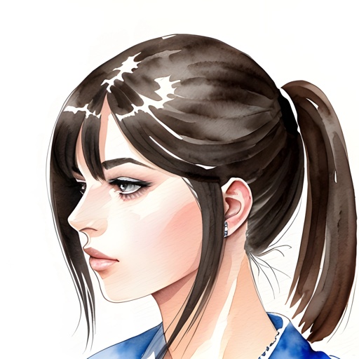a woman with a ponytail and a blue shirt