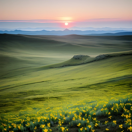 grassy hills with yellow flowers in the foreground and a sunset in the distance