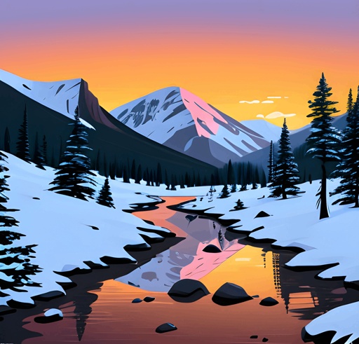 snowy mountain landscape with a stream and trees at sunset