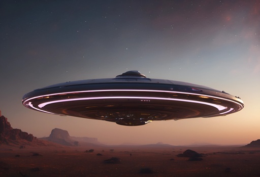 spaceship flying over a desert landscape with a bright light