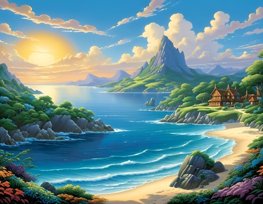 painting of a beautiful beach scene with a mountain and a house