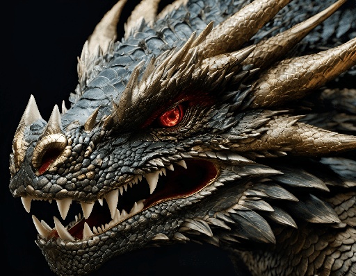 a close up of a dragon head with red eyes